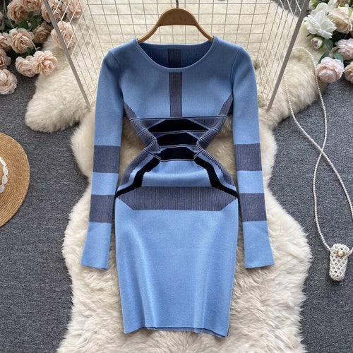 Casual Women Autumn Winter Sweater Dress Color Match Geometric Slim St