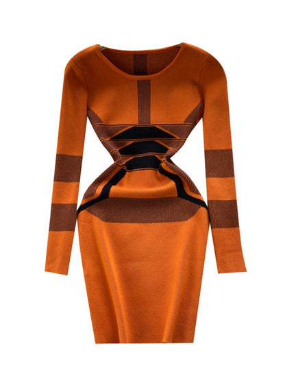 Casual Women Autumn Winter Sweater Dress Color Match Geometric Slim St