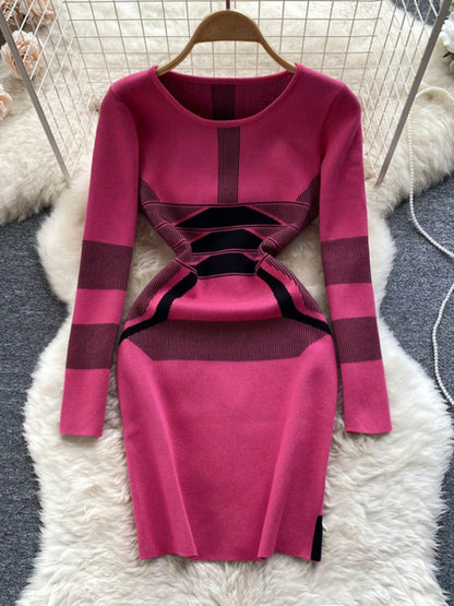 Casual Women Autumn Winter Sweater Dress Color Match Geometric Slim St