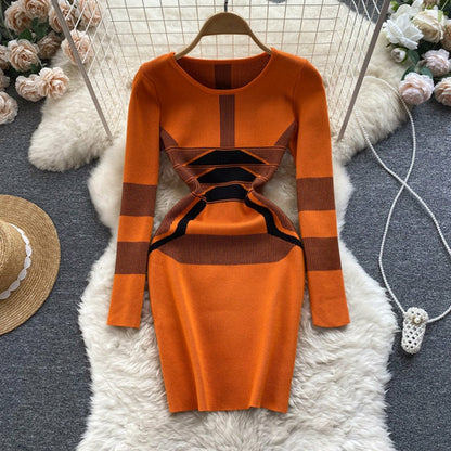 Casual Women Autumn Winter Sweater Dress Color Match Geometric Slim St