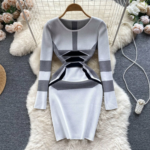 Casual Women Autumn Winter Sweater Dress Color Match Geometric Slim St