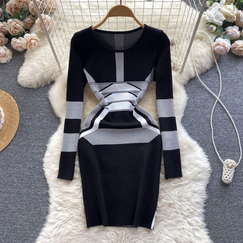 Casual Women Autumn Winter Sweater Dress Color Match Geometric Slim St