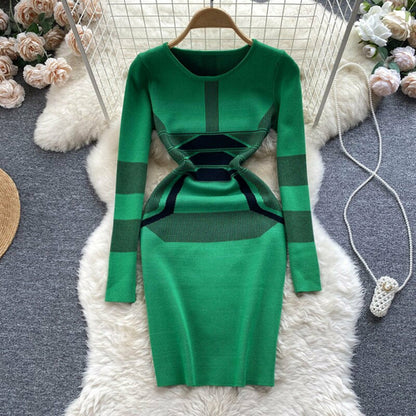 Casual Women Autumn Winter Sweater Dress Color Match Geometric Slim St