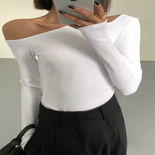 Fashion Skew Collar Off-shoulder Long-sleeved T-shirts Women Spring