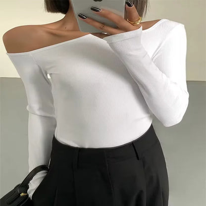 Fashion Skew Collar Off-shoulder Long-sleeved T-shirts Women Spring