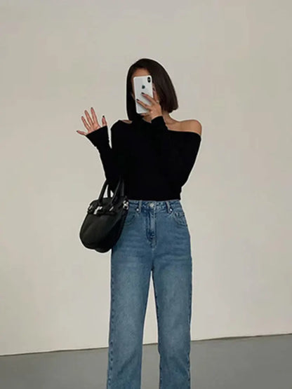 Fashion Skew Collar Off-shoulder Long-sleeved T-shirts Women Spring