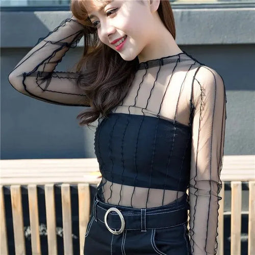 Long Sleeve Mesh Tops Sexy Women See Through Transparent T-Shirt Sheer